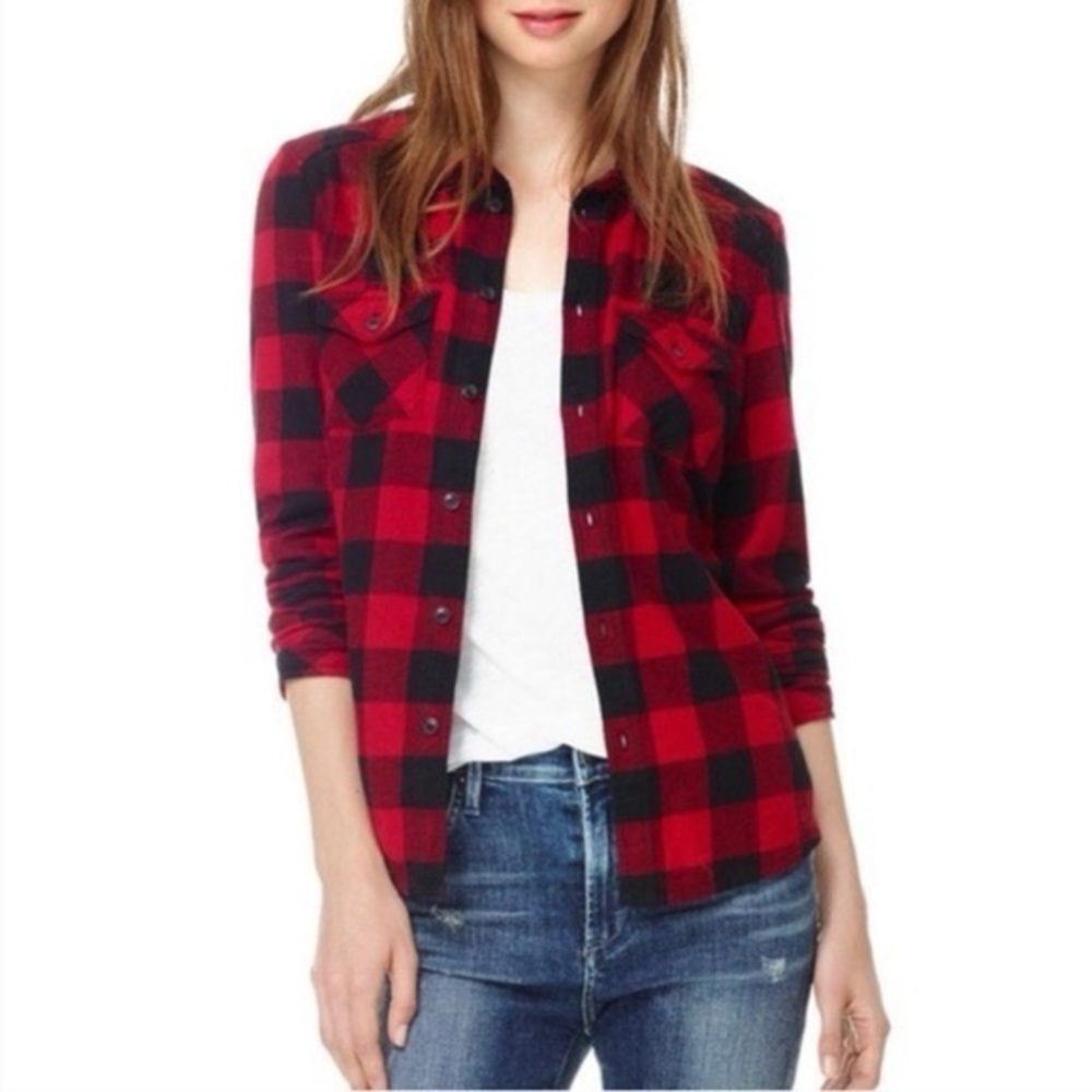 TNA Banff red Buffalo plaid oversized button down shirt Small Aritzia
